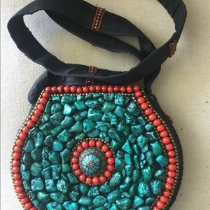 Hand made turquoise  one f a kind  bag, from Buthan